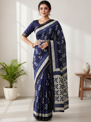 KASLI ENTERPRISE Printed, Floral Print Ikkat Handloom Mulmul Saree(Dark Blue)