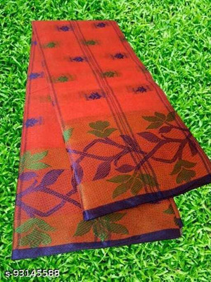 Sthaker Self Design Handloom Cotton Blend Saree(Red)