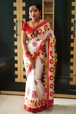 DRAPERIA Printed Handloom Pure Cotton Saree(White)