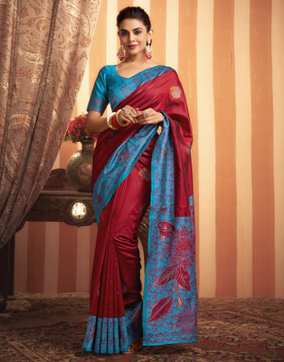 Samah Dyed, Self Design, Woven Banarasi Silk Blend Saree(Maroon, Light Blue)
