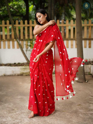 trogon Woven Bollywood Pure Cotton Saree(Red)