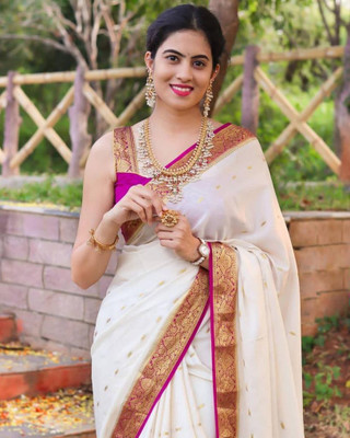 Rudr Venture Digital Print Banarasi Silk Blend Saree(White)