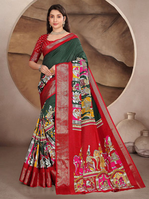 sadika Self Design, Embellished Kalamkari Silk Blend, Art Silk Saree(Dark Green, Red)