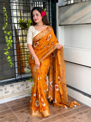 HouseOfCommon Tie-Dye, Printed Bandhani Viscose Rayon Saree(Mustard)