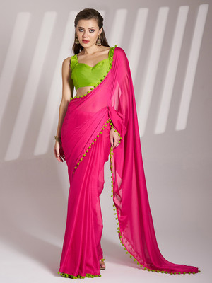 Kalista Embellished, Solid/Plain, Dyed Bollywood Chiffon Saree(Pink, Green)
