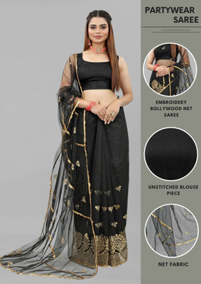 Yashvi Designer Embroidered Bollywood Net Saree(Black)