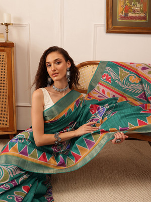 SILK ZONE Digital Print Banarasi Silk Blend Saree(Light Blue)