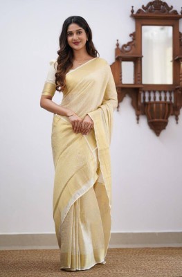 KRIYANSH Woven, Self Design, Temple Border, Embroidered Bollywood Cotton Silk, Jacquard Saree(White)