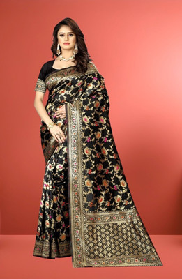fFASHION Printed, Floral Print Banarasi Art Silk, Pure Silk Saree(Black)