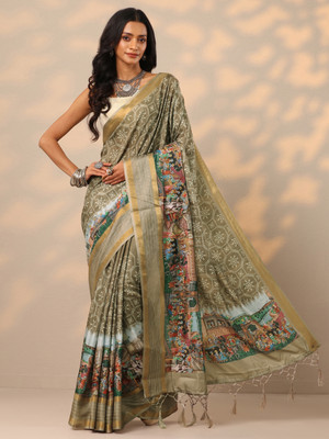 LIBAS Printed Daily Wear Silk Blend Saree(Beige)