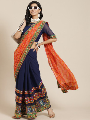 Tasrika Self Design, Embroidered, Printed Banarasi Georgette Saree(Blue, Orange)