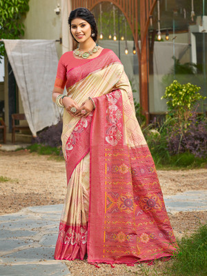 Sutriti Printed Pochampally Silk Blend Saree(Cream, Pink)