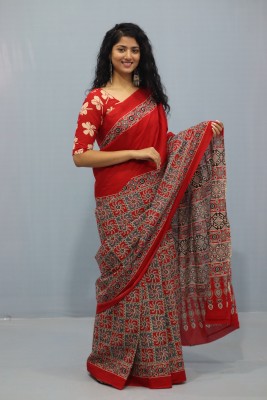 NIKHILAM Printed Daily Wear Pure Cotton Saree(Red)