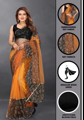 Barkiya Creation Embroidered Bollywood Net Saree(Gold)