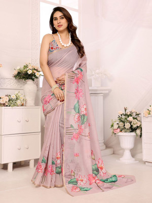 Moda Rapido Floral Print Bollywood Silk Blend Saree(Beige)