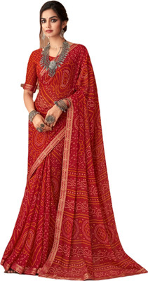 SainiVastra Printed Bandhani Chiffon Saree(Red)