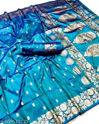 shree vrinda fashion Woven Banarasi Pure Silk Saree(Light Blue)