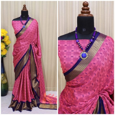 Lady Bazaar Printed, Digital Print, Temple Border, Embroidered, Embellished, Woven, Applique, Checkered Dharmavaram Jacquard, Cotton Silk Saree(Pink)