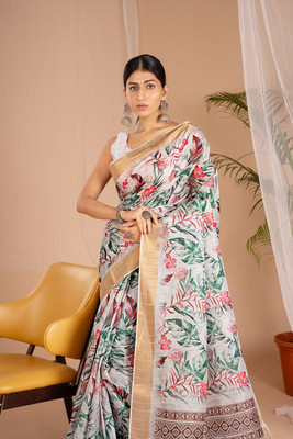 WISHLIST Digital Print Handloom Cotton Blend Saree(White)