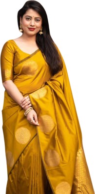 Heer Enterprise Woven Kanjivaram Pure Silk, Cotton Silk Saree(Gold)