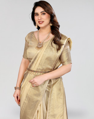 ANIRAV Printed, Self Design Banarasi Cotton Silk, Jacquard Saree(Cream)