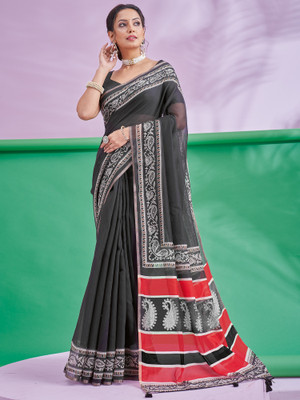 Tasrika Printed Hand Batik Cotton Linen Saree(Black)