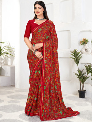Divastri Floral Print Bollywood Chiffon Saree(Maroon)