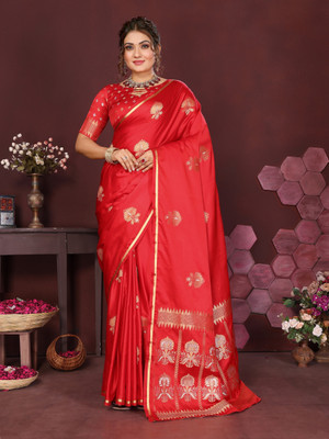 Tasrika Woven Banarasi Satin, Silk Blend Saree(Red)