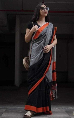 HouseOfCommon Checkered Handloom Pure Silk Saree(Black)