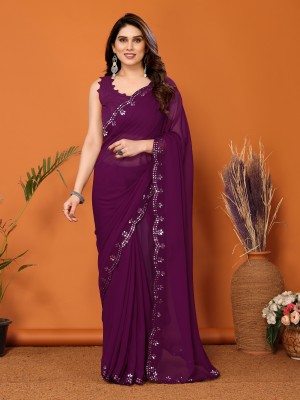 Sindharat Fashion Embellished, Solid/Plain Bollywood Georgette Saree(Purple)