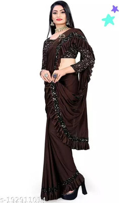 PLEXSTAR Self Design, Checkered, Solid/Plain Bollywood Lycra Blend Saree(Brown)