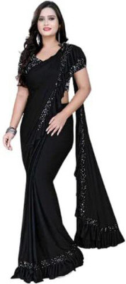 Sakifashion Solid/Plain Bollywood Lycra Blend Saree(Black)