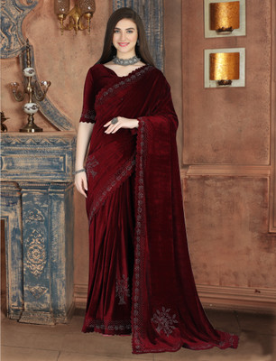 Sinauli Self Design Bollywood Velvet, Cotton Blend Saree(Maroon)