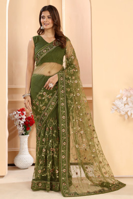 DWINIZAA STORE Embroidered Bollywood Net Saree(Light Green)