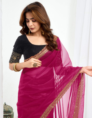 Samah Solid/Plain Bollywood Jimmy choo, Net Saree(Pink)
