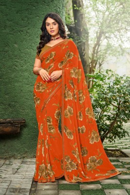 Laxmipati Sarees Floral Print Daily Wear Georgette Saree(Orange)