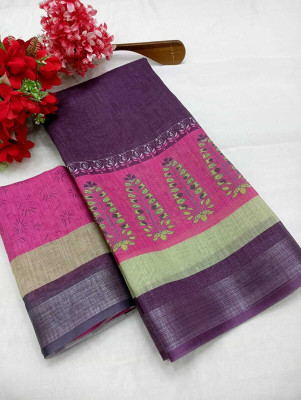 HouseOfCommon Printed Kanjivaram Cotton Linen, Linen Saree(Magenta)