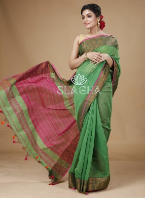 SLAGHA Woven, Embellished, Self Design Assam Silk Handloom Cotton Silk Saree(Light Green, Pink)