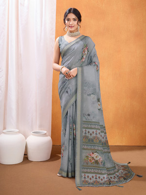 RekhaManiyar Printed Saree with Attached Blouse Crepe Saree(Grey)