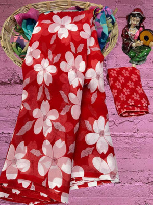 HouseOfCommon Floral Print Bollywood Georgette Saree(Red)
