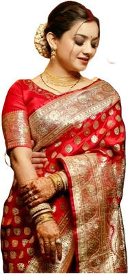 TRFASHIONHUB Woven, Embellished, Self Design Banarasi Silk Blend Saree(Red)