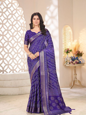 J6 Designers Floral Print Bandhani Art Silk Saree(Blue)