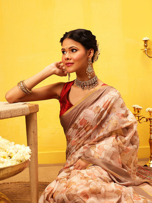 SILK ZONE Printed Chanderi Pure Cotton Saree(Beige)