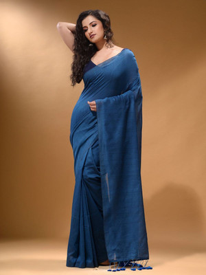 FASHION MOODS Solid/Plain Daily Wear Cotton Blend Saree(Dark Blue)