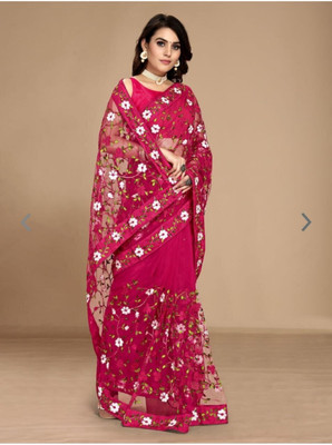 Verviza Embroidered, Self Design Bollywood Net Saree(Pink)