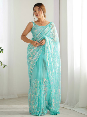 Sangria Embellished Bollywood Net Saree(Light Blue)