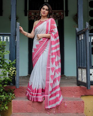 Bansari Textiles Printed Bollywood Cotton Linen Saree(White)