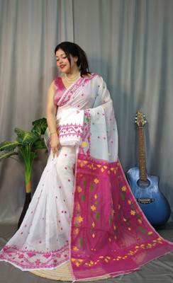 Pasum's Embroidered, Self Design Jamdani Pure Cotton Saree(White, Pink)