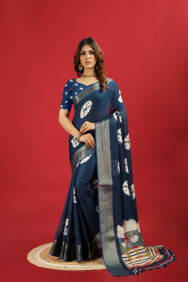 Virendra Textiles Printed Bollywood Cotton Blend Saree(Blue)