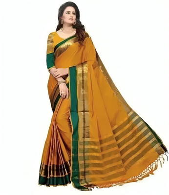 VJ FASHION Solid/Plain Bollywood Cotton Blend Saree(Yellow)
